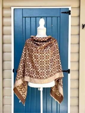 Coach Signature C Monogram Jacquard Shawl Scarf Cashmere Silk Blend Brown Beige